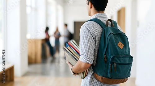 Male Student with Backpack Holding Books in University Hallway, Back View of College Education Concept