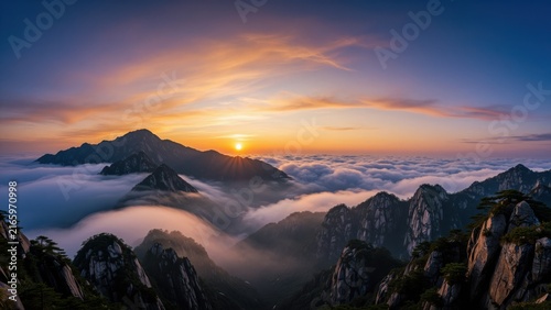 Scenic mountain landscape at sunrise with rolling clouds, dramatic peaks, and vibrant sky colors, ideal for travel, adventure, and nature-themed projects