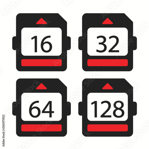 фотографія Four memory cards icon set showing storage capacities of 16, 32, 64, and 128 gig