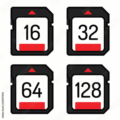 Photography Vector illustration set of four sd memory cards featuring 16, 32, 64, and 128 gi