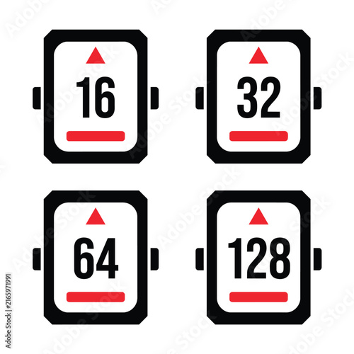 Foto Set of four black and white icons with red accents displaying memory capacity numbers 16, 32, 64, and 128 on white background