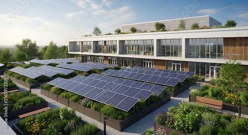 Modern Building with Solar Panels Rooftop Garden