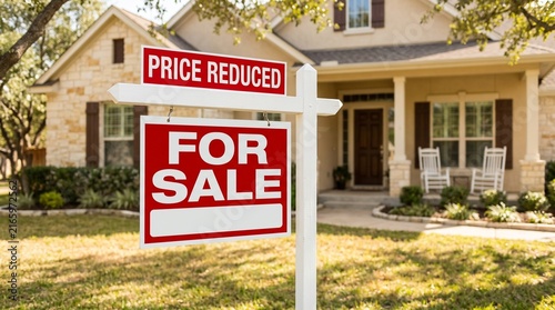 Real Estate House for Sale with Price Reduced Sign on Front Yard