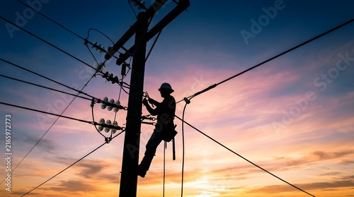 Silhouette of an electrical lineman maintaining power lines on a utility pole during vibrant sunset.