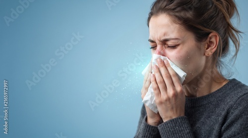 Woman sneezing into the tissue