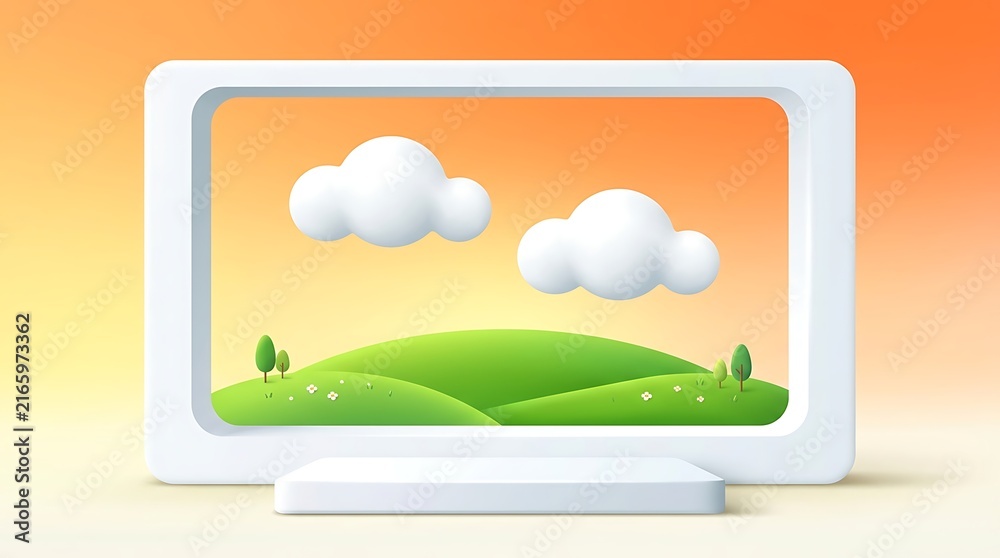 Fototapeta premium Bright, cheerful digital illustration of clouds and green hills on a tablet screen, evoking nature and positivity for tech and design projects.