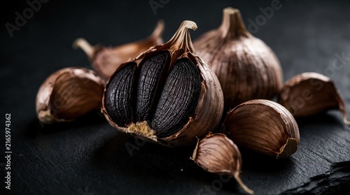 Dark gourmet black garlic bulbs, cloves artfully arranged on slate surface. Ingredient offers unique umami flavor for culinary creations, health benefits. Perfect for food blogs, restaurant menus.