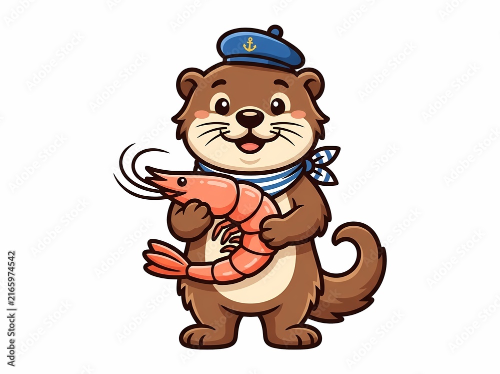 Fototapeta premium Cute cartoon otter sailor holding a fresh shrimp.