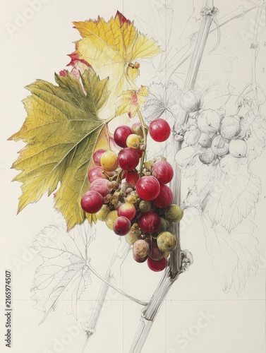 Delicate watercolor painting showcases autumn grape vine with vibrant foliage