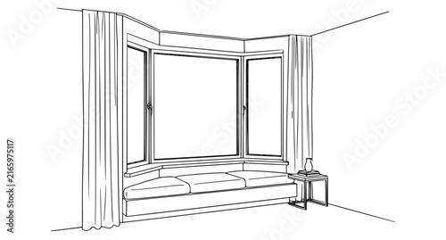 Modern bay window living room interior black white line art vector illustration
