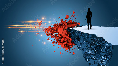 Digital Illustration Futuristic Dystopia with a Silhouetted Figure Overcoming Broken Pieces of Tech on a Floating Island Against a Vibrant Nebula Backdrop