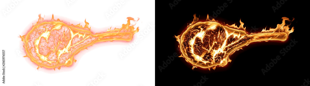 Fototapeta premium Glowing ember long bone steak heat element with realistic fire light transparent design overlay