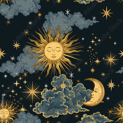 Fashion vector celestial pattern, stars, sun, moon in vintage antique hand drawn style