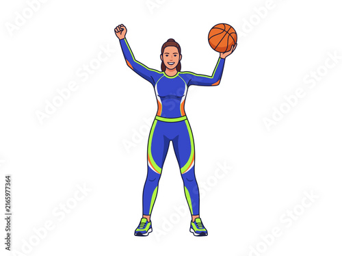 Joyful Female Basketball Player Celebrating Victory Holding Ball