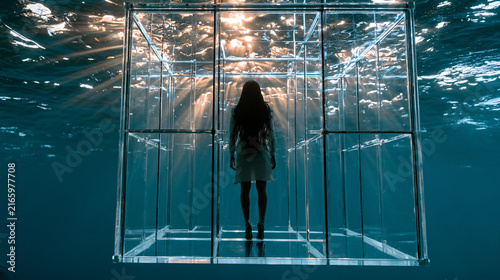 Emotional Isolation trapped in Glass Box Underwater Allegory