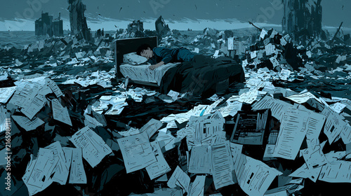 Bed Floating Stormy Ocean Emails Charts Work-Life Metaphor