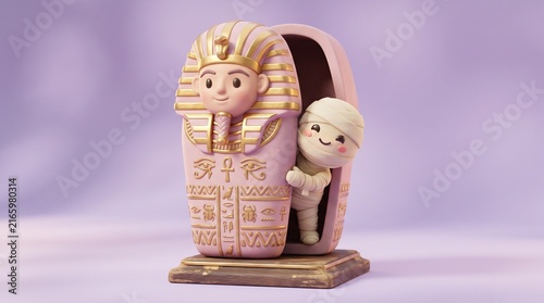 Cute colorful Egyptian sarcophagus with a smiling mummy