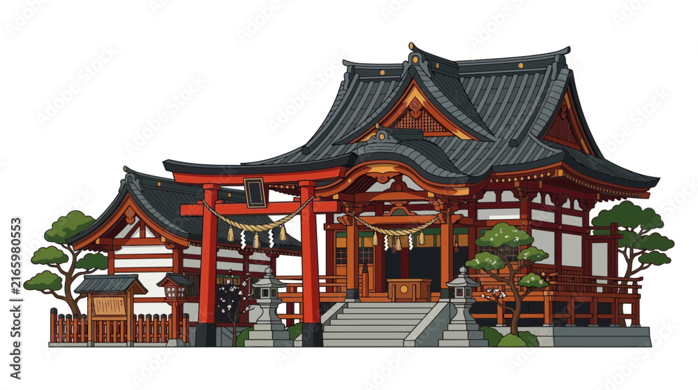 Obraz premium Traditional Japanese Shinto Shrine Architecture Illustration