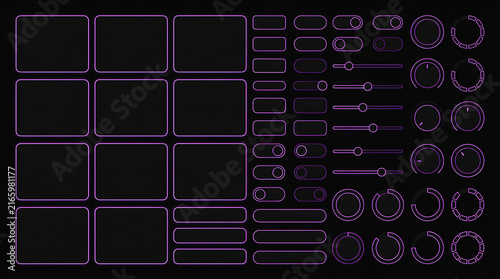 Comprehensive Purple Neon Dark Mode UI Component Library with Radial Progress Charts, Sliders, and Controls