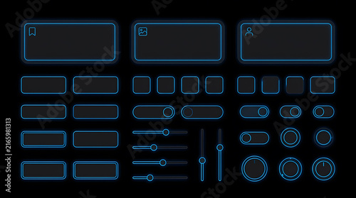 Futuristic Blue Neon Dark Mode UI UX Asset Sheet with Navigation Cards, Sliders, and Toggle Switches