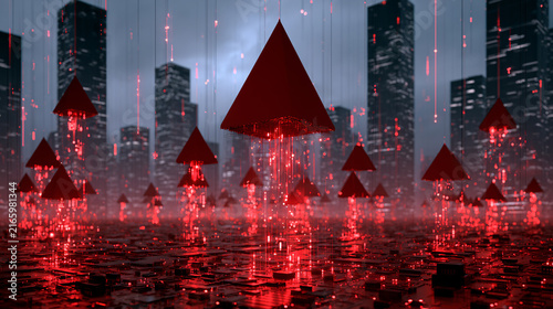 Cyberpunk Cityscape with Digital Red Triangle Art Installation, Synthwave Neon Aesthetic, Metropolitan Urban Night Scene
