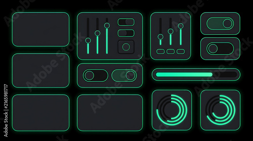 Cyberpunk Green Neon Dark Mode User Interface Kit with Equalizers, Progress Bars, and Toggle Switches