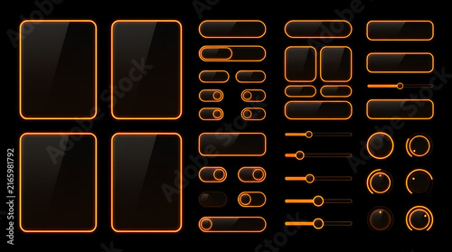 Futuristic Orange Neon Dark Mode UI UX Kit Set with Glowing Buttons, Sliders, and Knobs