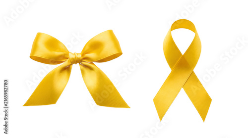 Yellow satin ribbons isolated on white, decorative bow and awareness loop symbol set.