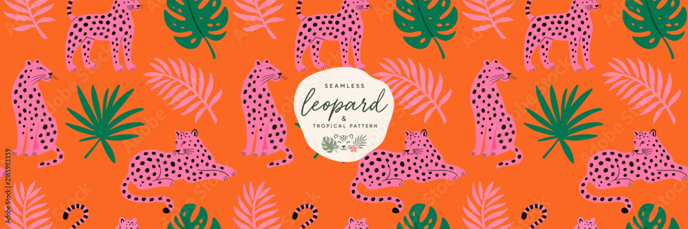 Naklejka premium Seamless tropical pattern with a pink leopard. Vector modern trendy playful illustration of a panther, palm, leaf, monstera and spotted cat for background, poster, fabric, wrapping, textile, fashion a