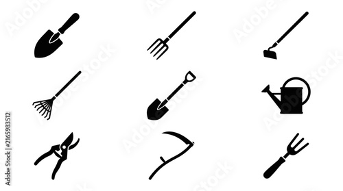 Gardening tools icons set black.