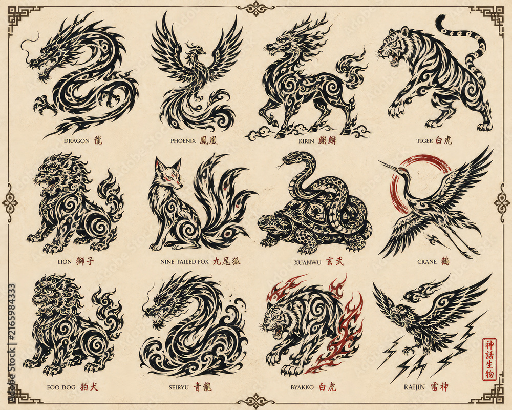 Obraz premium Asian Mythical Creatures Collection with Dragon, Phoenix, Tiger and Nine Tailed Fox