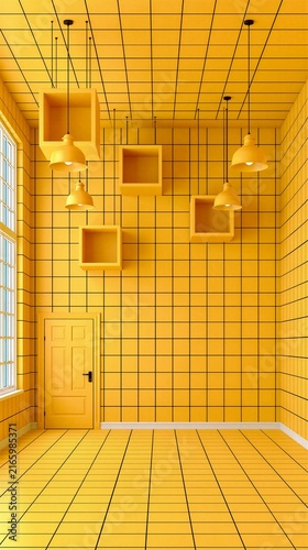 Vibrant Yellow Geometric Interior With Grid Walls and Hanging Pendant Lights
