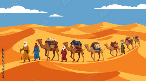 Nomadic Desert Tribe Traveling With Camels Across Dunes