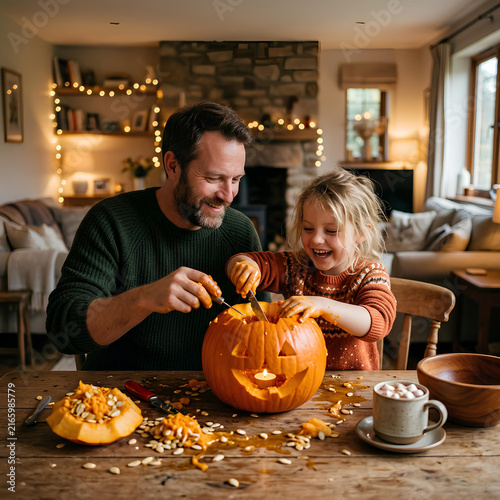 Father and daughter carving halloween pumpkin in cozy room.