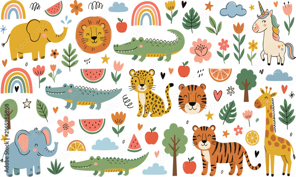 Naklejka premium Cute Cartoon Safari Animals Collection with Elephant, Lion, Tiger, Giraffe, Unicorn, Flowers and Fruits Vector Illustration Set