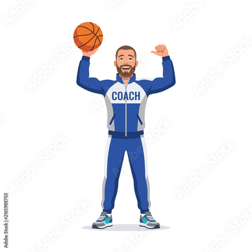 Energetic Basketball Coach Holding Ball Celebrating Victory