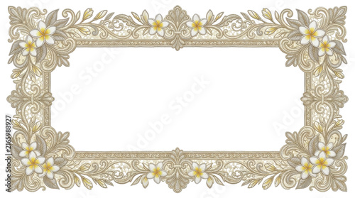 Vintage floral frame border featuring intricate baroque scrollwork patterns intertwined with delicate white frangipani blossoms isolated