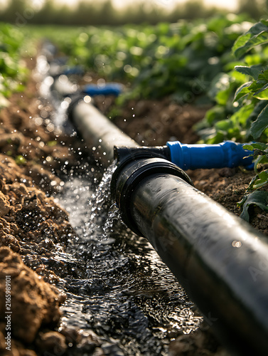 Long, black drip irrigation pipes stretch along the vegetable garden