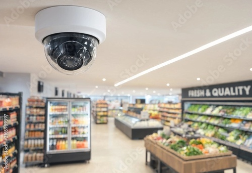Modern white security camera mounted on a supermarket ceiling, monitoring bright retail aisles, shelves, refrigerated displays, and spacious floors with professional depth of field and lighting.