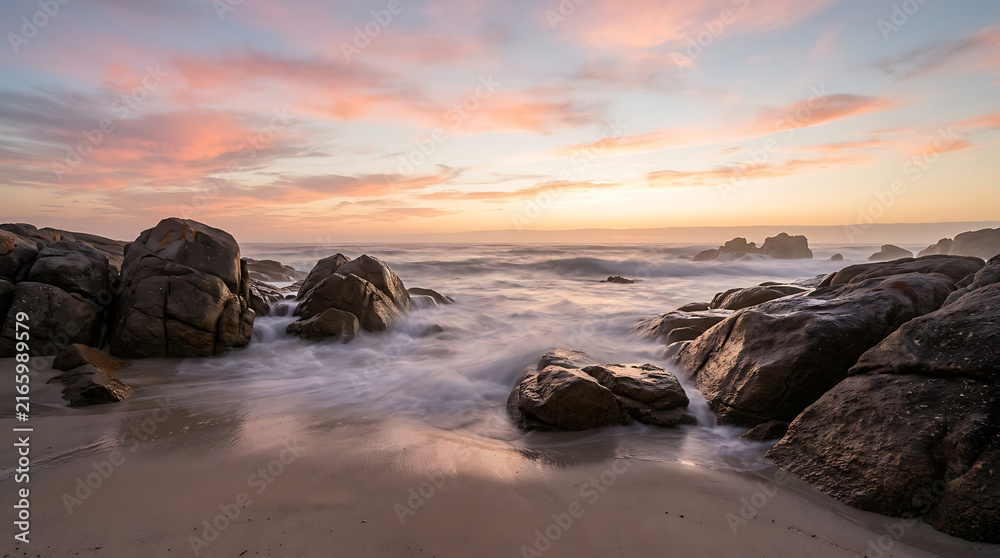 Obraz premium Long exposure seascape at golden hour with soft waves crashing against coastal rocks