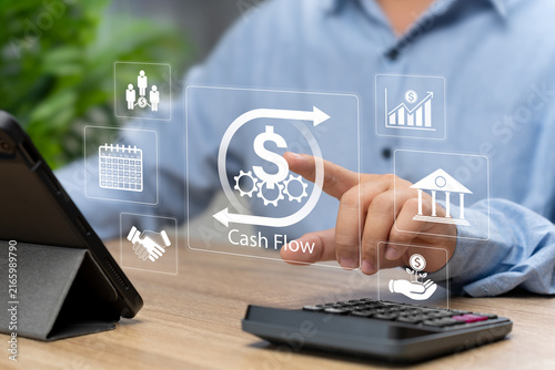 Digital Finance and Fintech Technology Concept, Businessman Analyzing Cash Flow and Financial Data on Tablet, Financial Management, Budgeting, Revenue, Profit, Business Growth, Investment, Accounting