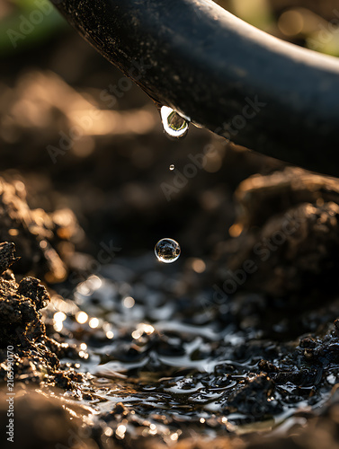 A drip irrigation hose hanging slightly above the ground