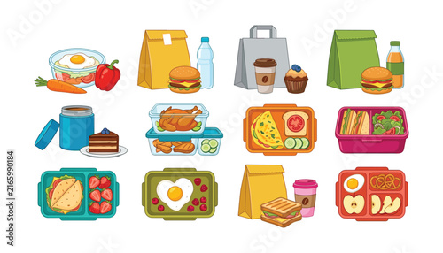 Lunch box vector set with healthy meal prep containers school food bags sandwiches salad snacks and drinks elements