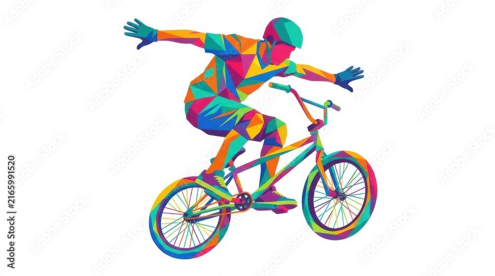 Fototapeta premium Colorful BMX cyclist performing a freestyle stunt