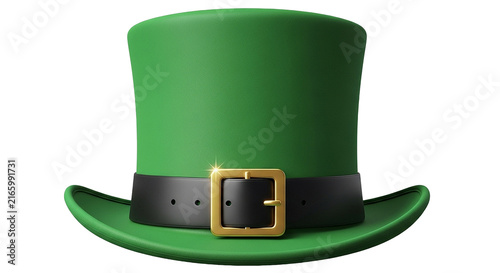 St patricks day green leprechaun hat with golden buckle isolated on transparent background.