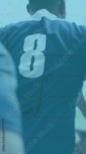 Animation of financial data processing over diverse rugby players on field