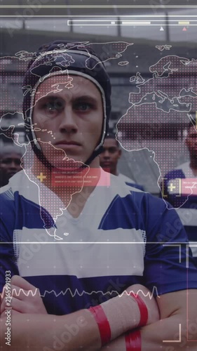 Animation of digital interface with covid 19 medical data processing over rugby players