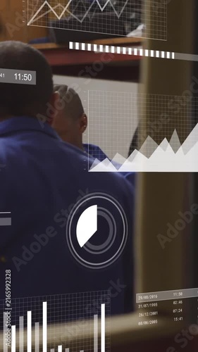 Animation of loading bars and graphs over african american mechanic using digital tablet in garage