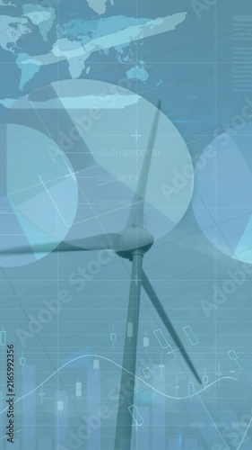 Animation of statistics and data processing over wind turbines in countryside landscape