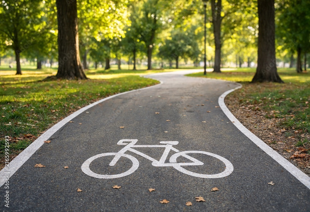 Obraz premium Sunlit winding bicycle lane through a peaceful green park, featuring white bike markings, autumn leaves, fresh asphalt, lush grass, tall trees, and gentle bokeh.